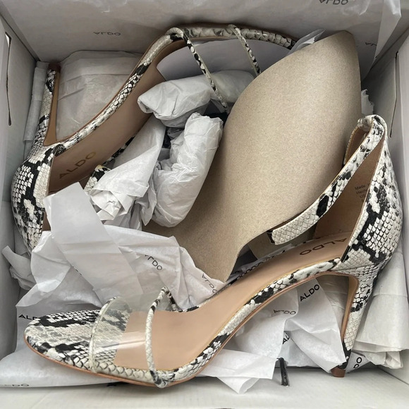 Brand new in box Aldo Snake skin heels with clear toe strap U.S women’s 8.5 - Picture 3 of 4